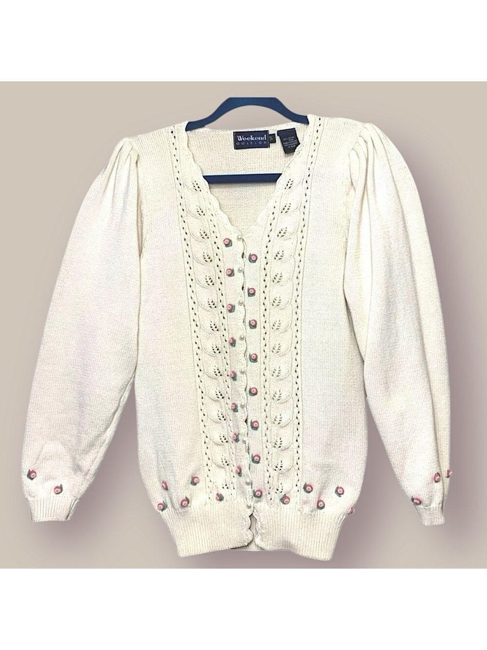 Vintage Cream Knit Cardigan Sweater Pearl Button Floral Puff Sleeve Cottage Sz S